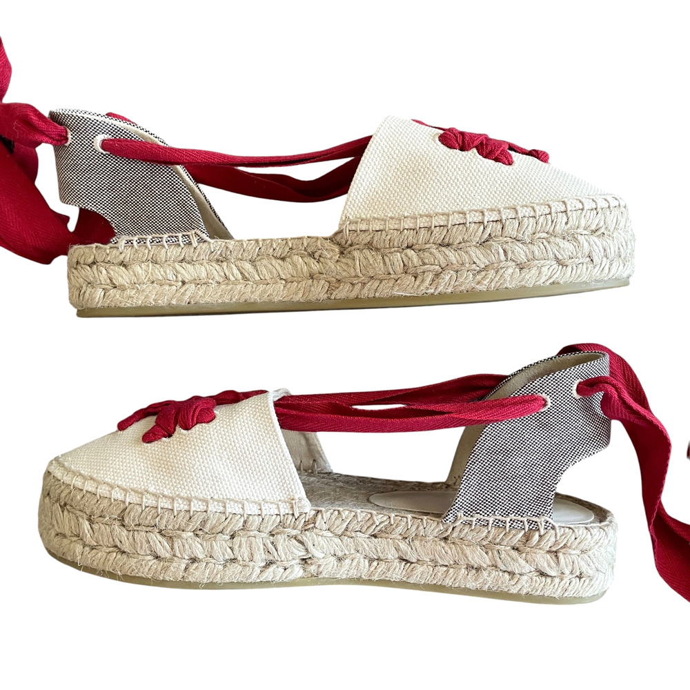 TORY BURCH Size 10 Woven Double T Espadrille Red Wrap-Around Tie Platform Flats - Picture 4 of 13